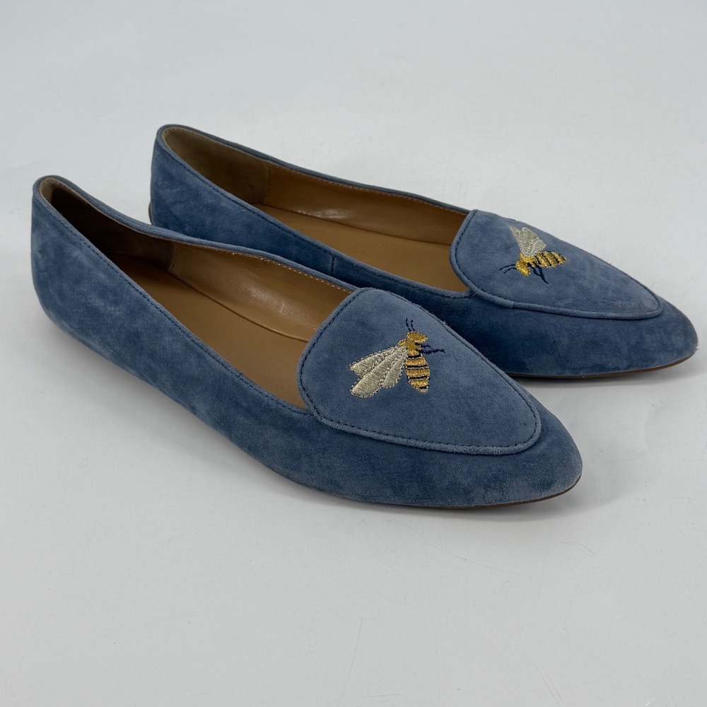 Talbots Blue Suede Bee Embroidered Pointed Toe Loafer Flats Womens 9.5M